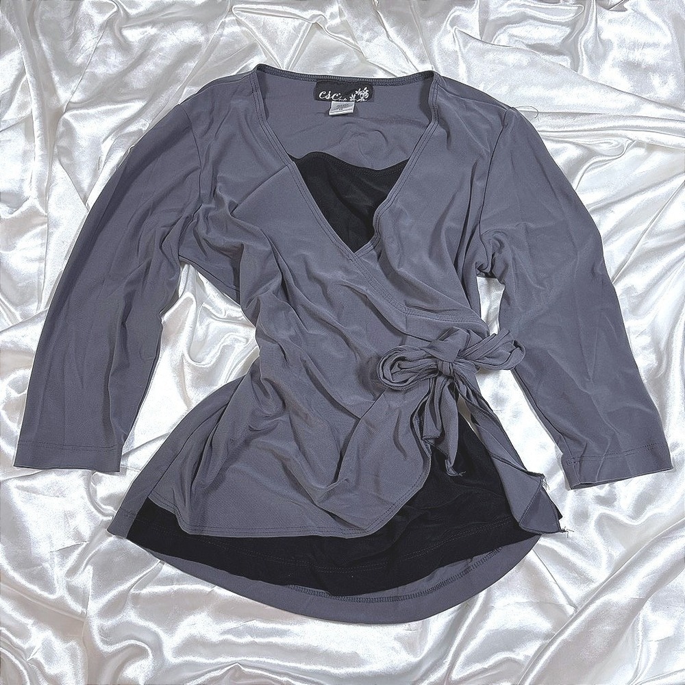 y2k Wrap Top Grey Excellent CSC Studio Layered Tie Side Blouse MP2447ITY